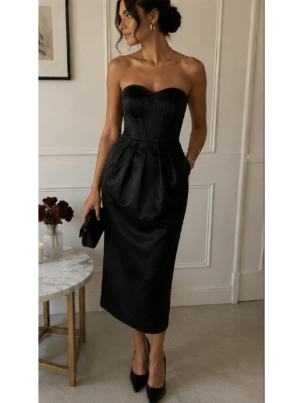ASOS Black Strapless Midi Satin Cocktail Dress XS - S